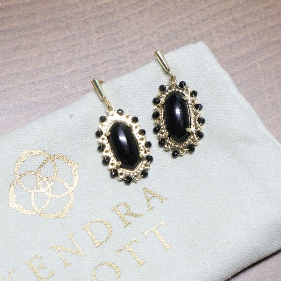 New Kendra Scott Beaded Lee Black Obsidian Gold Earrings - Picture 1 of 3